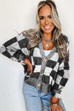 Checkered Drop Shoulder Buttoned V Neck Cardigan