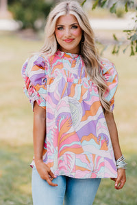 Abstract Print Bubble Sleeve Smock Detail Blouse