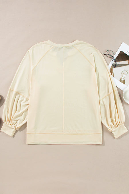 Exposed Stitching Notched Neckline Long Sleeve Top