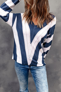 Striped Colorblock V Neck Knitted Sweater