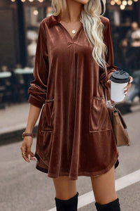 Coffee Collared V Neck Two Pockets Shift Velvet Dress