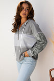 Gray Waffle Printed Patchwork Drawstring Hooded Long Sleeve Top