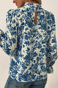 Floral Print Flounce Sleeve Keyhole Back Blouse