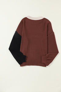 Coffee Colorblock Bishop Sleeve Ribbed Trim Sweater