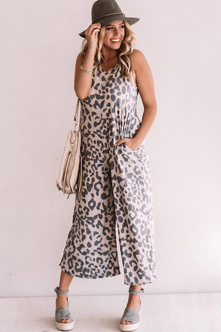 Leopard Print Pockets Wide Leg Sleeveless Jumpsuit