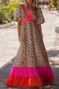 Leopard Colorblock Patchwork Bubble Sleeve Maxi Dress