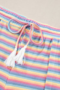 Stripe Rainbow Tee Tasseled String Wide Leg Pants Set