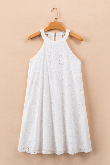 Boho Eyelet Pattern Halter Neck Sleeveless Dress