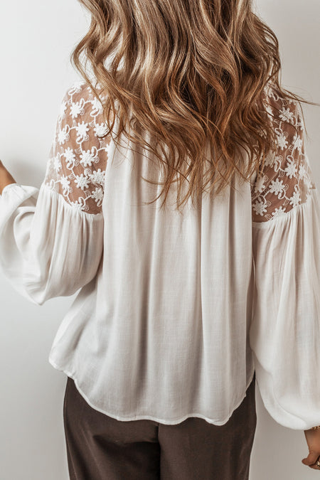 Lace Patchwork Puff Sleeve Tied V Neck Blouse