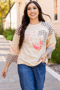 Plaid Floral Peace Heart Graphic Wide Long Sleeve Top