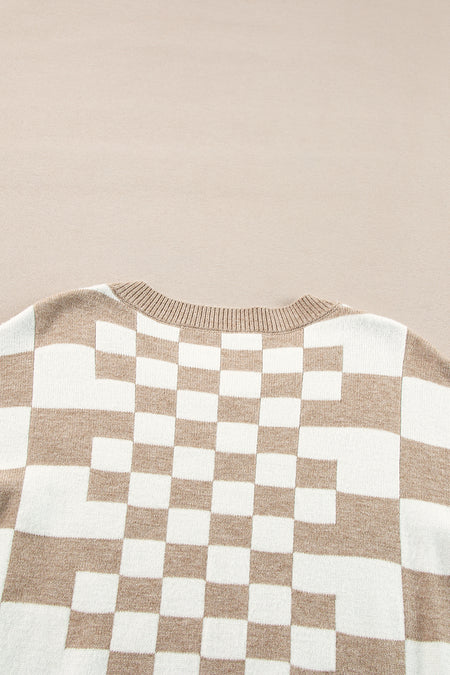 Checkered Drop Shoulder Round Neck Sweater