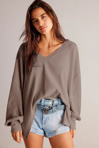 V Neck Long Sleeve Drop Shoulder Loose Blouse