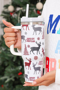 Merry Christmas Tree Snowflake Elk Print Handle Tumbler