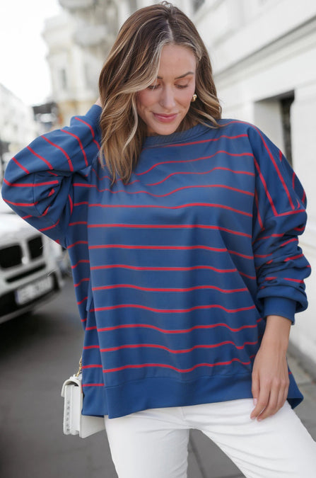 Stripe Stylish Overlap Detail Drop Shoulder Pullover Sweatshirt
