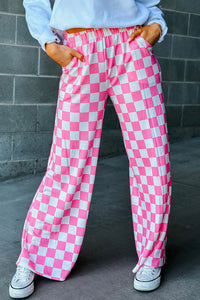 2-Tone Checked Print High Waist Wide Leg Pants