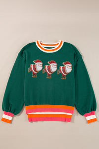 Shimmer Santa Clause Graphic Striped Trim Crew Neck Sweater