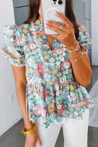 Notched Neck Puff Short Sleeve Floral Blouse