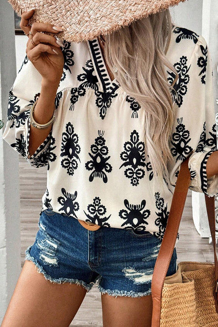 Printed 3/4 Sleeve V Neck Blouse