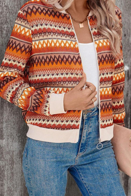 Boho Striped Zip Up Long Sleeve Jacket