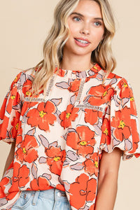 Floral Bubble Sleeve Frill Neck Loose Blouse