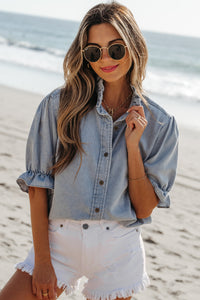 Ruffle Short Puff Sleeve Chambray Shirt