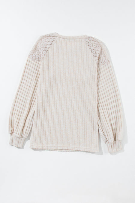 Parchment Contrast Lace Raglan Sleeve Buttoned Ribbed Top