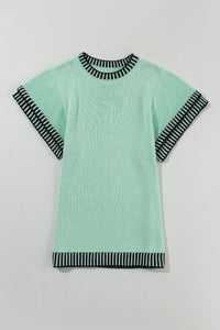 Mint Green Contrast Trim Round Neck Batwing Sleeve Knitted Top