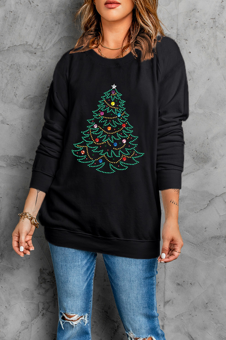 Rhinestone Christmas Tree Graphic Pullover Sweatshirt