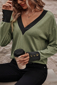 V Neck Button Cuffed Long Sleeve Top