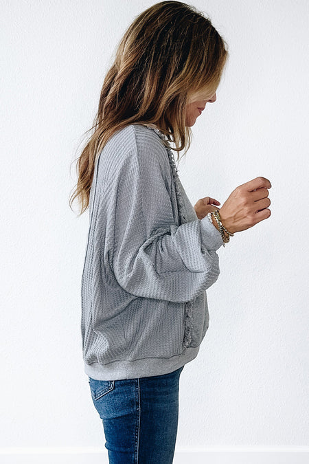 Waffle Patchwork Long Sleeve Raw Hem Pullover Top