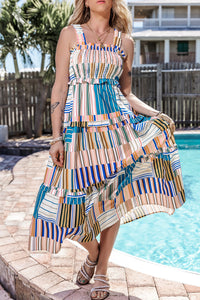 Mix Striped Wide Straps Smocked Tiered Maxi Dress