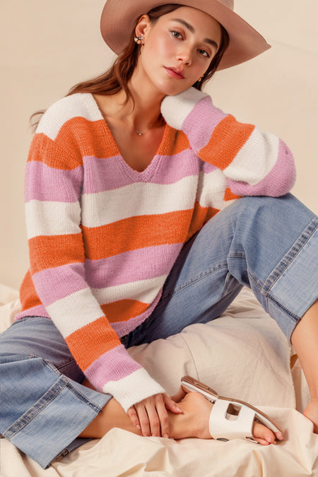 Colorblock V Neck Casual Sweater