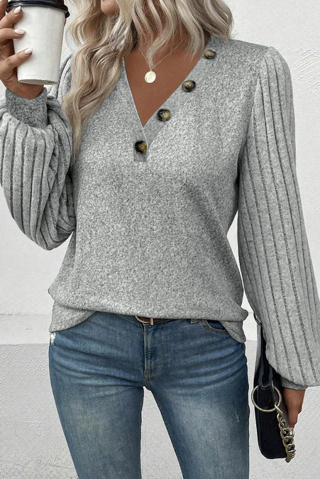 Buttoned V Neck Ribbed Puff Sleeve Top