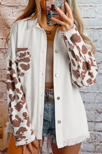 Cow Spot Patchwork Distressed Hem Long Denim Jacket