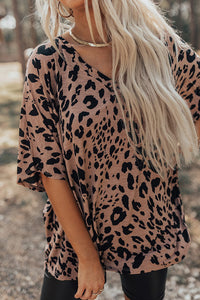 V Neck Half Sleeve Oversized Leopard Tee