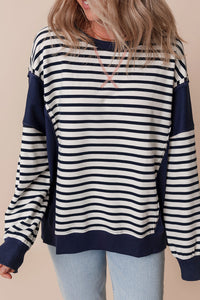 Stripe Color Block Exposed Seam Loose Fit Sweatshirt