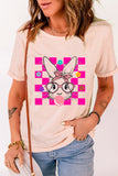 Pink Easter Rabbit Checkered Flower Print O-neck T Shirt