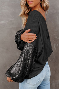 Sequin Patchwork Sleeve Open Back Waffle Knit Top