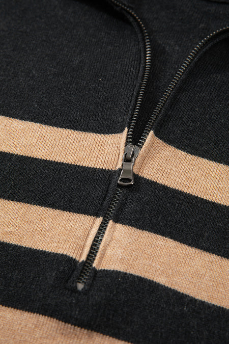 Stripe Collared Quarter Zipper Oversized Sweater