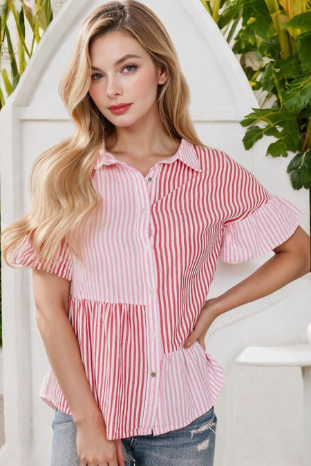 Striped Patchwork Ruffled Hem Button up Shirt