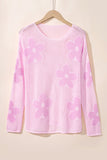 Light Pink Big Flower Hollowed Knit Drop Shoulder Sweater