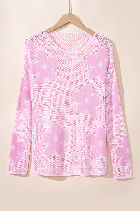 Light Pink Big Flower Hollowed Knit Drop Shoulder Sweater