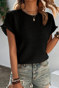 Solid Textured Ruffled Short Sleeve Blouse