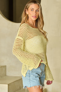 Open Knit Crochet Bell Sleeve Tunic Sweater