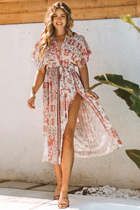 Boho Print Deep V Kimono Sleeves Beach Dress with Split