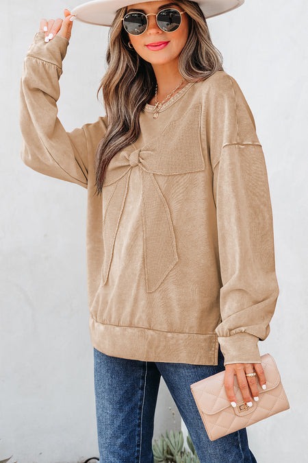 Mineral Wash Big Bow Patchwork Pullover Sweatshirt