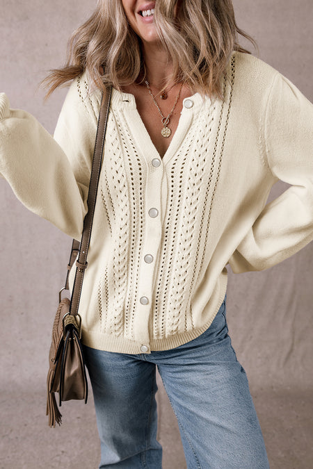 Pleated Sleeve Hollow Detail Button Sweater Cardigan