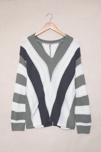 Striped Colorblock V Neck Knitted Sweater