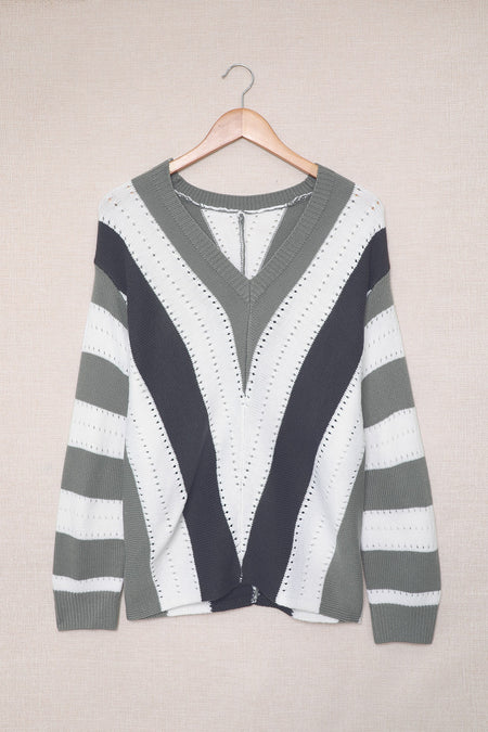 Striped Colorblock V Neck Knitted Sweater