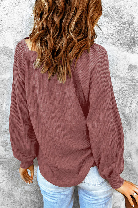 Scoop Neck Puff Sleeve Waffle Knit Top